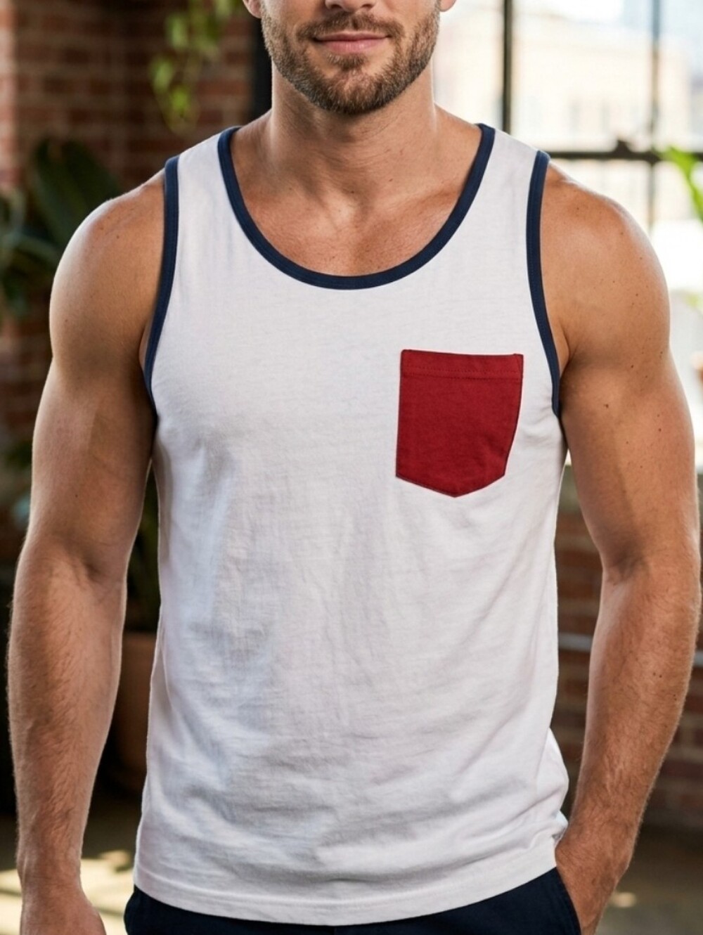 Original Use Men's White Tank Top with Red Pocket and Navy Trim